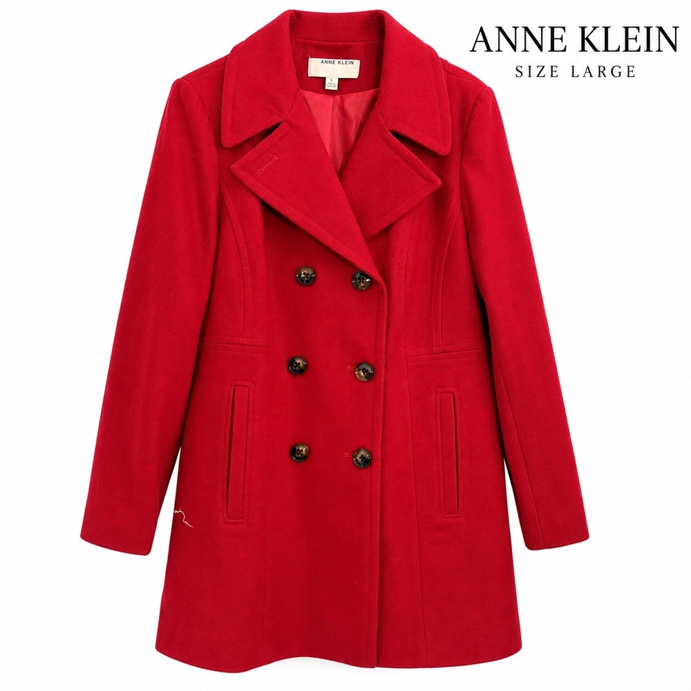 Anne Klein Womens Large Red Wool Blend Double Breasted Peacoat Jacket